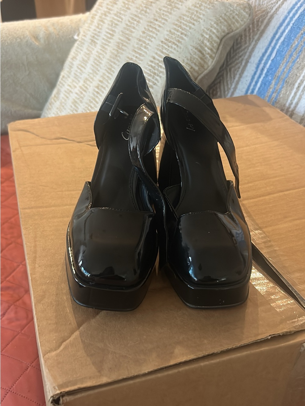 Patent Black Mary Jane Block Heels with Square Toe